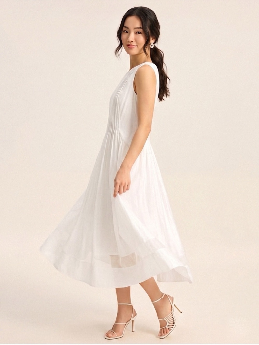 Commense Semi-Sheer Tencel Pleated Sleeveless Midi Dress